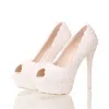 White Lace Peep Toe Pumps 14cm High Heel Wedding Evening Party Shoes Summer Party Prom Shoes Simple Bridesmaid Dress Shoes