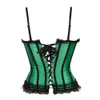 Women's sexy cup corset with straps green satin Bustier and black/green lace mini skirt party Showgirl body slimming