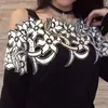 Atacado- Oftbuy 2017 Nova Primavera Outono Moda Floral Bordado Slash Pescoço Off Ombro Sexy Black Black Mulheres Suéteres e Pullovers