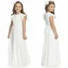 Ivory Classic Flower Girl Dresses A Line Jewe Neck Ruffles Ärmar Junior Brudtärna Klänning Ruched Chiffon Sash Golvlängd Långt formellt slitage