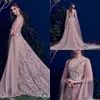 Col bateau broderie appliques robes de soirée manches longues jupe en tulle train printemps robes de fête dos transparent Paolo Sebastian robes de bal