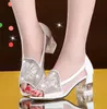Sandálias de verão novo estilo com sapatos de boca de peixe com gaze grossa moda feminina sexy Diamond Ladies Shoes
