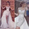 Estilo árabe 2017 Sheer Pescoço Lace Bainha Curta Vestidos de Noiva com Tule Destacável Saia Longa Vestidos De Noiva Feito Personalizado En11146