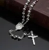 Fina smycken män Kvinnors 6mm 28 '' + 5 '' Round Bead Silver Top Quality Rostfritt stål Crucifix Rosary Cross Necklace Chain