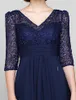 New Dark Navy Vneck Aline Floorlength Half Sleeve Lace and Chiffon Mother of the Bride Dress9209287