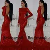 Ücretsiz Kargo Sparkly Gelinlik modelleri Yeni Geliş Backless Mermaid Kılıf Gömme Kırmızı Pullu Elbise Yüksek Boyun Resmi Elbiseler