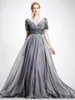 Elie Saab Kleider für die Brautmutter, V-Ausschnitt, Applikationen, Chiffon, bodenlang, Übergröße, rückenfrei, graues Hochzeitsgastkleid