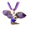 Vintage Enamel Owl Charm Pendant Necklace for Women Fashion Necklaces Lace Wax Rope Chain Vintage Bronze Jewelry Wholesale 6 Colors