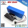 FREE SHIPPING (1PC) 1800W 60V 20Ah Ebike battery Lithium ion Battery 18650 Cells with PVC Case 16S 30A BMS +67.2V 2A Charger