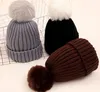 Winter Children Faux Fur Pom Pom Knitted Hats Kids Boys Girls Solid Wool Beanies Skullies Cap