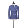 Fashion Blue Plaid Double Breasted Men's Groom Tuxedo and Men's Office Workwear Set 2 (Jacket + Pants)