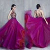 Tony Chaaya 2017 Purple Prom Klänningar Lyxblomma Broderi Ärmlös Illusion Aftonklänningar Sweep Train Carpet Formell Party Dress