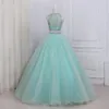 Superbe Mint boule Robes Robes de bal Deux pièces Tulle luxe strass perles à dos creux Jewel Sheer manches longues col robe de soirée Robes de soirée