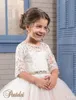 Cheap Flower Girls Dresses 2021 Pentelei with 3/4 Long Sleeves and Lace-Up Back Appliques Tulle Ballgown Little Girls Gowns for Party Prom