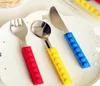 Fashion Hot Lego bricks silicone stainless steel Portable Travel Kids Adult Cutlery Fork Spoon Picnic Set Gift for Child Dinnerware