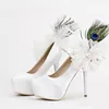 Luxury Appliques and Feather Women High Heels White Satin Wedding Shoes 5.5 Inches Heel Fashion Platform Mother of Bride Shoes