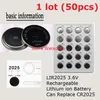 50 pcs 1 lote LIR2025 3.6 V bateria de íons de Lítio Li ion recarregável 2025 3.6 V baterias de moedas Li-ion CR2025 Frete Grátis