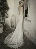 Hoge kwaliteit trompet zeemeermin mouwloze v-hals backless lace court trein lange vrouwen dragen trouwjurken bruidsjurken