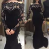 Sexy Black Mermaid Avondjurk Lange Mouw 2016 Arabisch Off Shoulder Prom Gowns Formele Jurken Avond Draag Sweep Trein