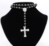 Ny ankomst populär stil svart silikon rosenkrans halsband silver 316l rostfritt stål religiösa pärlor kedja crucifix kors