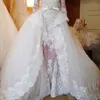 Boat neck lace sheath long sleeves wedding dress 2016 custom made zuhair murad bridal dress with detachable train vestiods wedding gown