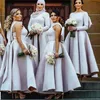 2018エレガントなボールガウンの花嫁介添人ドレスハイネックノースリーブサテンのウェディングパーティードレス弓ジッパーバック足首の長さのブライドメイドのドレス