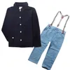 Dernière conception été bébé garçons tenues chemise à manches longues + jeans à bretelles 2pcs costume de garçon enfants formel doux costume garçon denim ensemble de vêtements