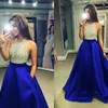 2019 New Royal Blue Satin Prom Dresses Halter Beaded Top A Line Floor Length Party Evening Dresses