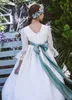 Romantyczny Francuski Koronki Kwiat Girl Dresses 2019 Vestidos Primera Comunion Para Ninas 3/4 Długie Rękawy Klejnot Neck Różne Color Sash