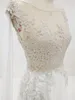 Echte Ivory Champagne Sheer Wedding Dress Illusion Top Mouwloze Zilveren Kant Applicaties Corset Back Chiffon Bruidsjurken met Split en Trein