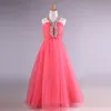 Robe longue en Tulle à perles et cristaux pour filles, tenue de Communion à col licou, longueur au sol, robes de bal pour enfants