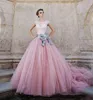 Princesse rose robe de bal Quinceanera robes mancherons une ligne Tulle perles douce 16 longues robes de soirée de bal formelle robe de concours de célébrité