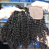 7A Mongolian Kinky Curly Hair Livre Parting 4 * 4 Fecho de Base de Seda Com Bundles De Cabelo 3 Pcs Cabelo Humano Encaracolado Com Fechamento De Seda 4 Pcs / Lot