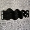 Färg #1 Jet Black Brazilian Body Wave Hair Människohår Tape Hårförlängningar 40 stycken pu skin weft hair 100g tejp hårförlängningar vågigt