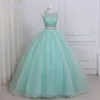 Superbe Mint boule Robes Robes de bal Deux pièces Tulle luxe strass perles à dos creux Jewel Sheer manches longues col robe de soirée Robes de soirée