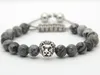 2016 New Design Mens Bracelets Wholesale 8mm Grey Picture Jasper Stone Beads Gold and Silver Macrame Lion Head Bracelets