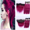 Braziliaanse menselijke maagd haar fuschia ombre haarbundels met kant frontale sluiting 4pcs / lot paars Peruviaans maagdelijk haar met frontale sluiting