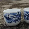 Blaues japanisches Sake-Set, Vintage-Keramik, Weinflasche, Topf, Flachmann, Tassen, Geschenk, handbemalt, orientalisches Wasser, Stadthäuser, Boote, weiß