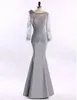 Silver Jewel Mermaid Mum Dress For Mother of Groom Princess Floor-length Long Sleeve Lace and Satin Mother of the Bride Dress