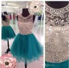 New Sexy Short Homecoming Dresses Jewel Illusion Neck Teal Hunter Tulle Crystal Beaded Prom Party Dress Graduation Formal Cocktail Gowns