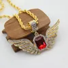 Hip Hop Angel Wings con collana con ciondolo in pietra rossa grande 76cm Catena con strass intarsiato con strass ala collana Uomo Donna Iced Out Jewelry