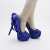 Zapatos de boda de encaje de Color azul, zapatos de tacón con purpurina para discoteca, hermosos zapatos de satén con lazo para mujer, zapatos de fiesta, zapatos de vestir azules