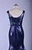 2017 Navy Blue Evening Dresses Mermaid Scoop Shiny Lace Sequins Sleeveless Court Train Sexy Prom Gowns7644686