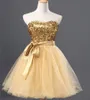 Or Sequin Tulle robe de bal robe de Cocktail courte 2016 nouvelle chérie genou longueur robe de soirée élégante