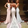 Populaire elegante bruidsmeisje jurk lange formele backless spaghetti riemen avond prom feestjurken met kanten top pure trein gemonteerde jurk