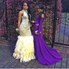 2016 Sparkly Mermaid Prom Dresses 섹시 블링 페르시 크리스탈 키홀 하이 넥 럭셔리 우아한 타조 깃털 정장 이브닝 파티 가운