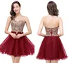 $39.9 Nouveau Pas Cher 7 Couleurs Mini Robes De Soirée Courtes 2020 Petite Dentelle Noire Appliques Tulle Cocktail Bourgogne Robe De Soirée De Bal CPS411