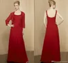 Red Long Madre de los vestidos de novia / novio con chaqueta / bolero gasa espaguetis elegantes pliegues elegantes lentejuelas con cuentas mujeres vestido de noche formal 2021