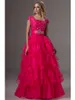 Fuchsia Modest Prom Dresses With Short Sleeves Beaded Bodice Square Neck Prom Gowns For Teens Tiered Organza Long Prom Party Dress