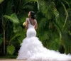 2017 White Sexy V Neck Backless Corset Pärled Court Train Mermaid Wedding Dresses Sleeveless Ruched Ruffle Brudklänningar Vestidos BA2989